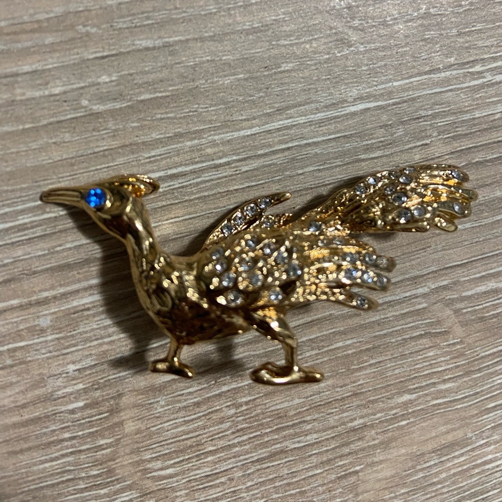 Vintage Gold Peacock Brooch with Blue Eye and Rhinestones